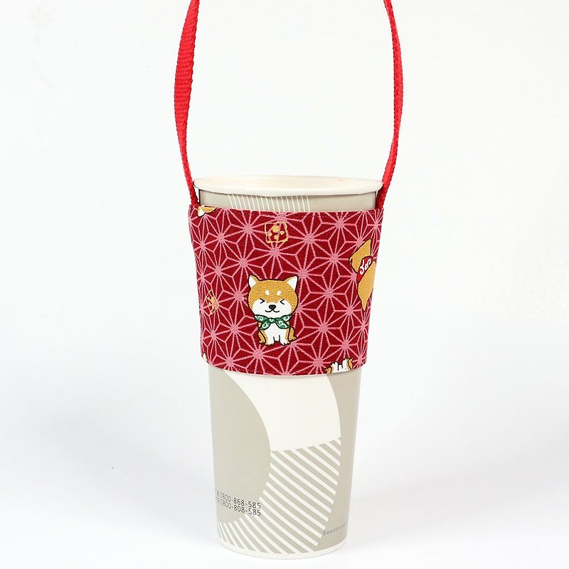 饮料杯套 环保杯套 提袋 - 麻之 叶 柴犬 (红) - 随行杯提袋/水壶袋 - 棉．麻 红色