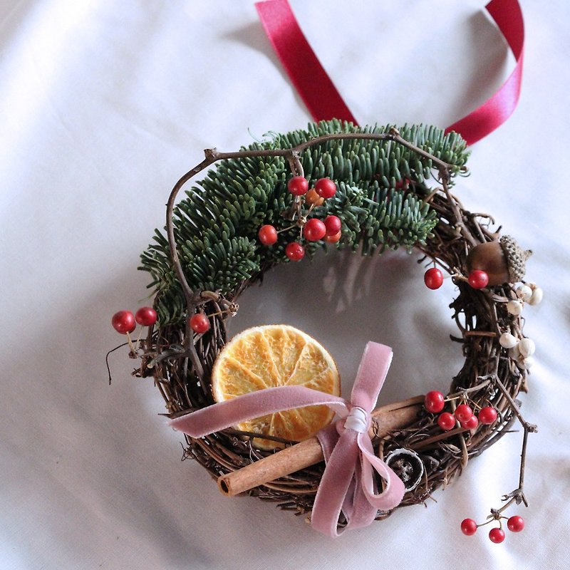 诺贝松圣诞花圈-粉色质感绒缎带(15-20cm) 圣诞礼物 季节限定 - 干燥花/捧花 - 植物．花 绿色