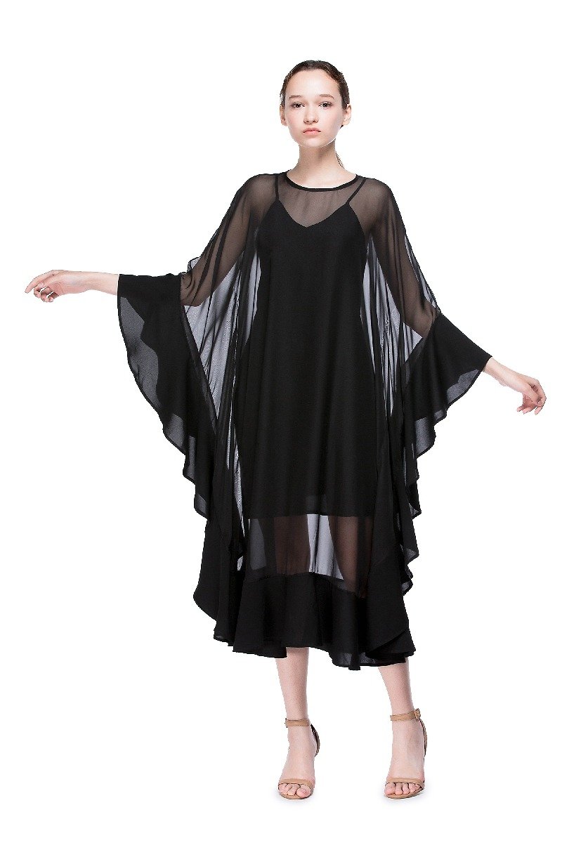 透视披肩长裙 - 裙子 - 聚酯纤维 黑色