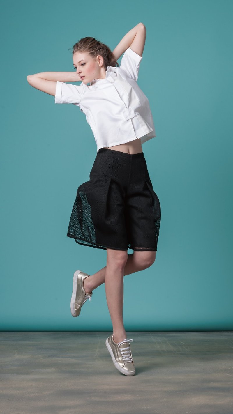 黑色网眼压褶裤裙(FIT029C0353-S/FIT029C0354-M) - 女装长裤 - 聚酯纤维 黑色