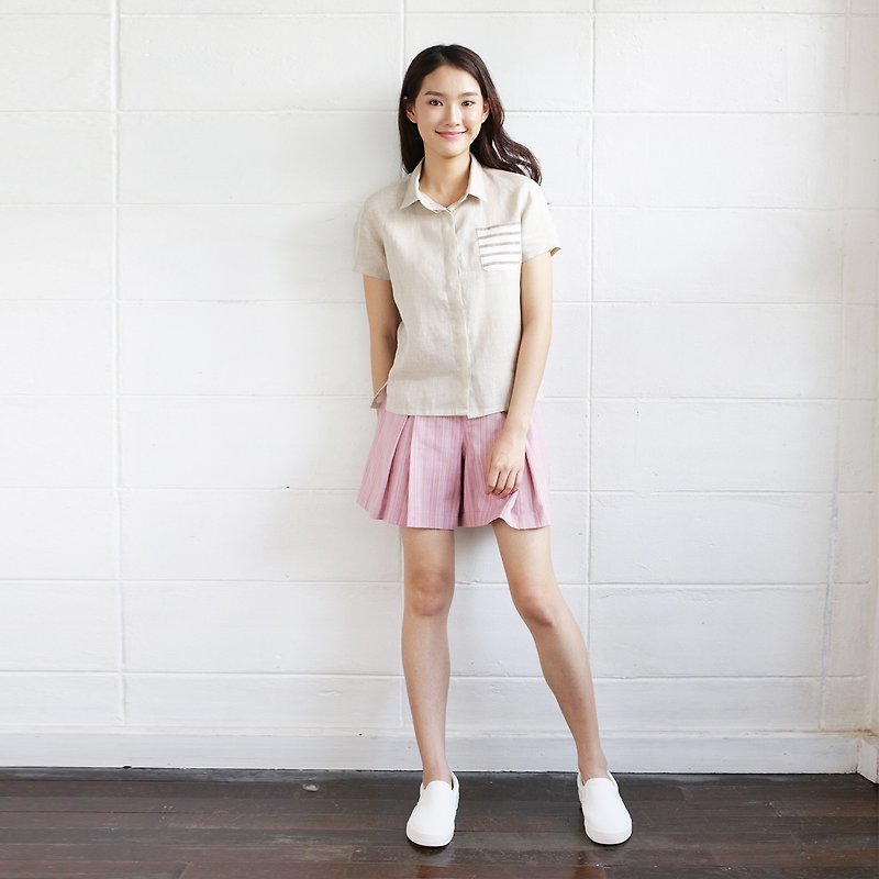 Linen Short Sleeve Shirts with Brown Stripes Pocket Natural Color - 女装衬衫 - 棉．麻 灰色