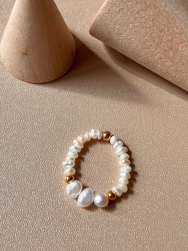 淡水巴洛克米粒珍珠串珠戒指 | 法式简约 母亲节 情人节 生日礼物 - 戒指 - 珍珠 白色