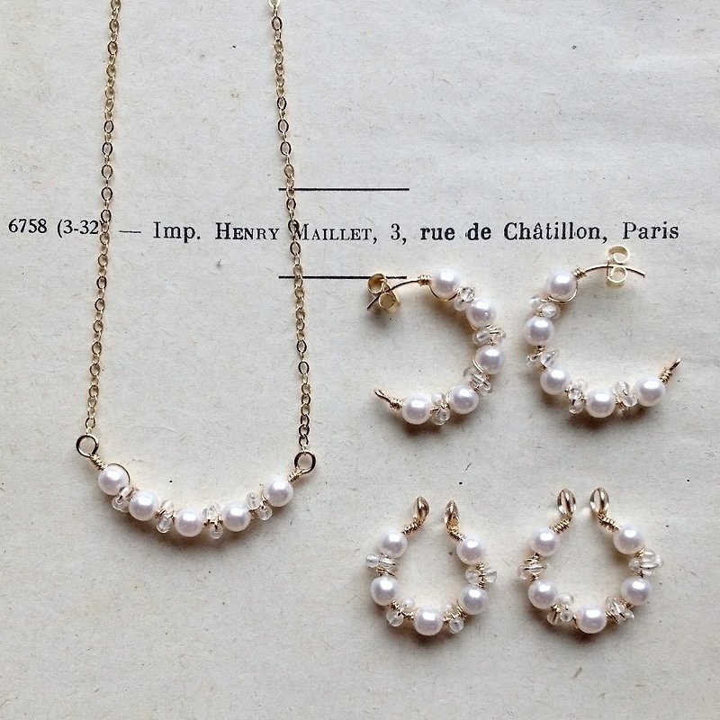 Goody Bag/14kgf Crystal and Vintage Pearl Necklace & Hoop Earring Set - 耳环/耳夹 - 宝石 白色