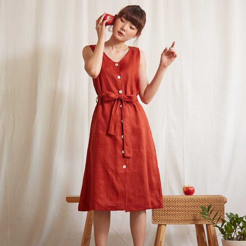 Linen Sleeveless V-Neck Dress in Burgundy Red Colour - 洋装/连衣裙 - 亚麻 红色
