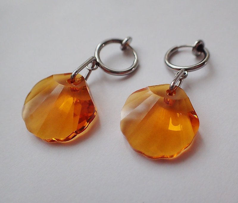 贝壳, 施华洛世奇元素 & 不锈钢 耳圈夹 耳环 (一对) - 耳环/耳夹 - 玻璃 橘色