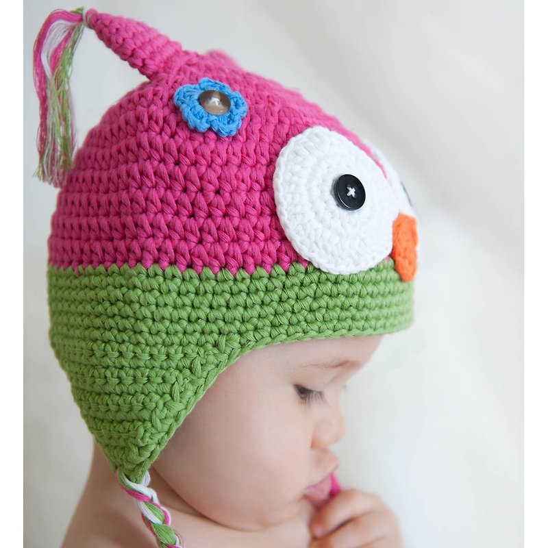 Cutie Bella手工编织帽Owl-Fuchsia/Lime - 婴儿帽/发带 - 棉．麻 红色
