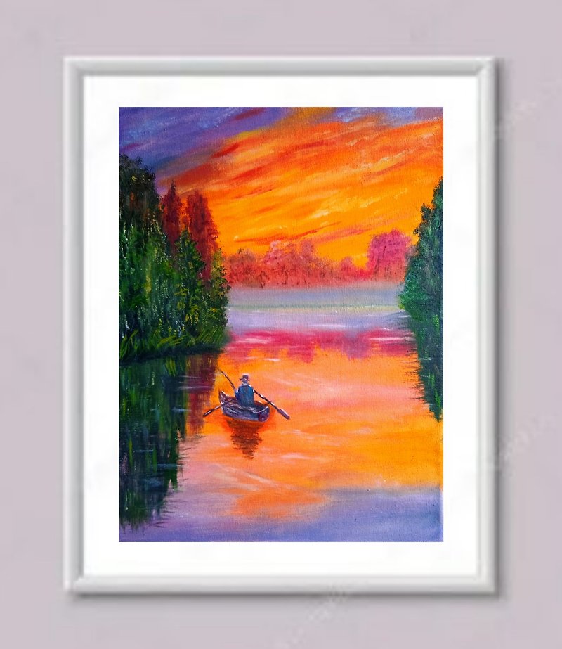 在画布上画小渔夫日落在河上30x40厘米 - 墙贴/壁贴 - 其他材质 多色