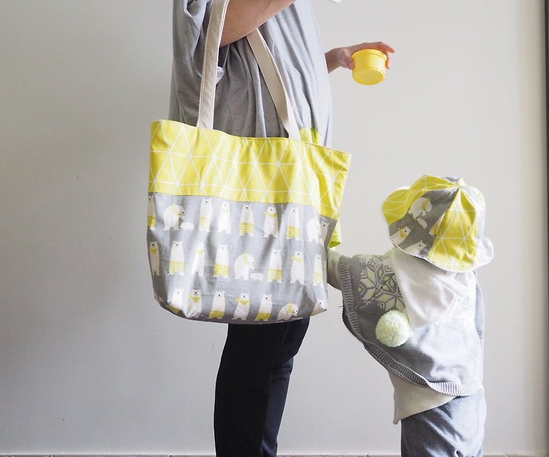 亲子套装 - 黄色北极熊图案帆布袋及婴儿/小童双面全棉太阳帽子 - 满月礼盒 - 棉．麻 黄色