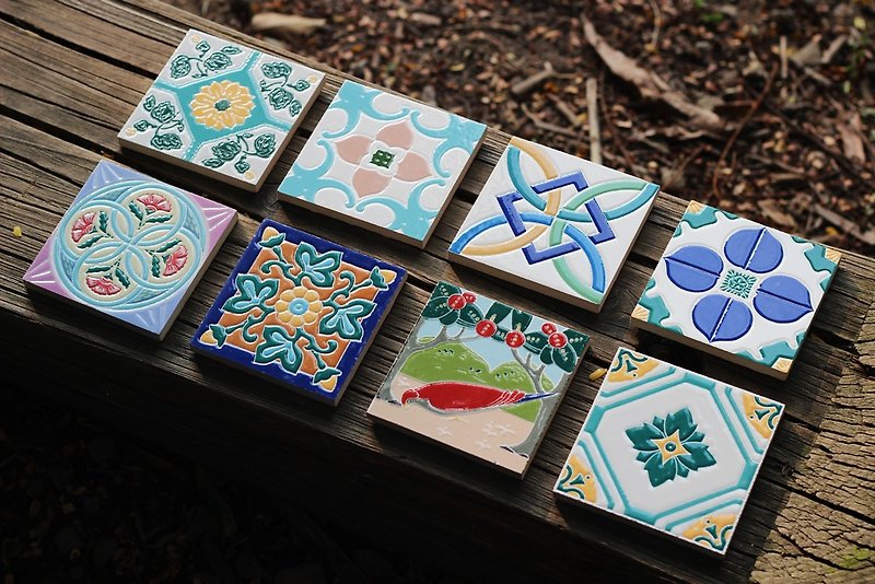 台湾花砖---8片组 (杯垫、壁画、磁砖) - 杯垫 - 瓷 蓝色