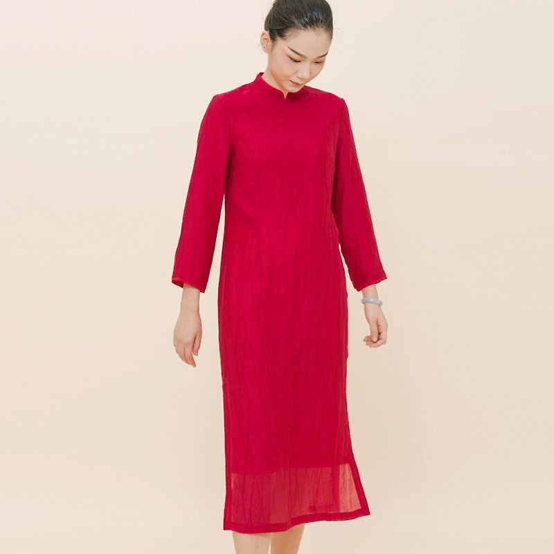 紅色改良旗袍裙 皺麻洋裝 中國風 本命年 婚宴裙 胭脂紅 D170801 - 旗袍 - 棉．麻 红色