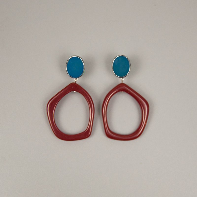 蓝红不规则几何耳环 - 耳环/耳夹 - 压克力 红色