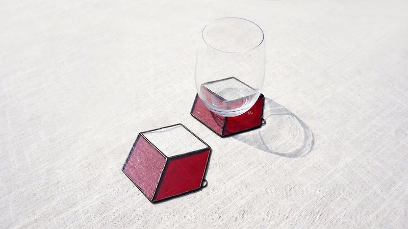 正负空间-六角红 杯垫 置物垫 挂饰 玻璃镶嵌 - 杯垫 - 玻璃 红色
