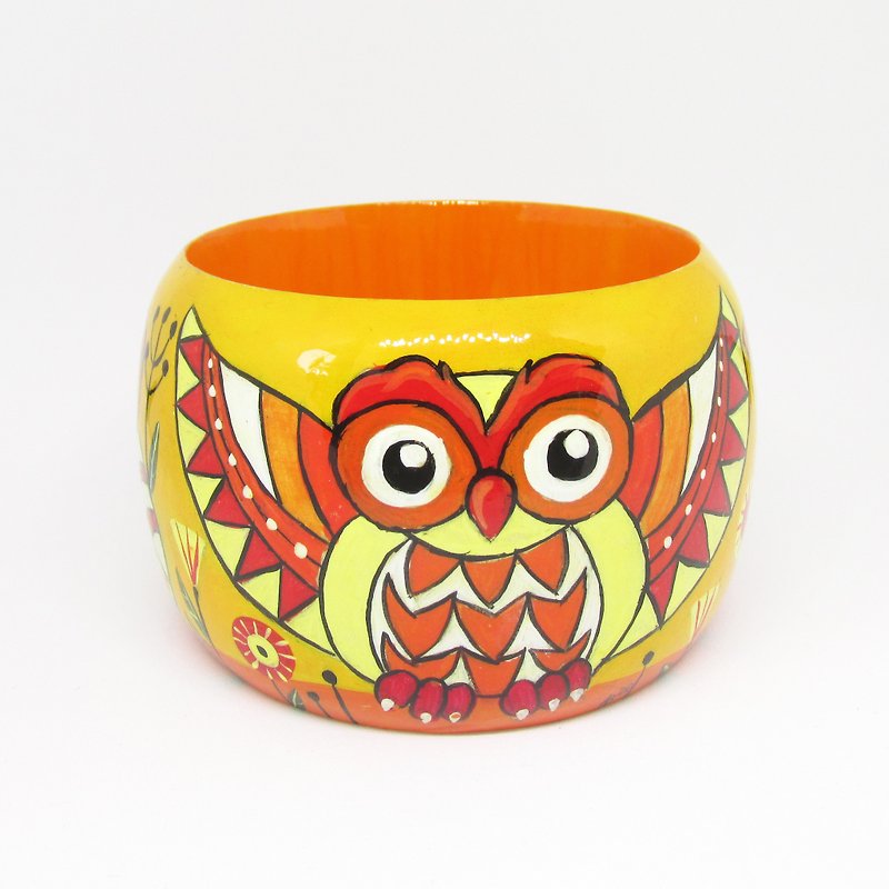 Painted Wooden Bangle with Owls - 手链/手环 - 木头 黄色