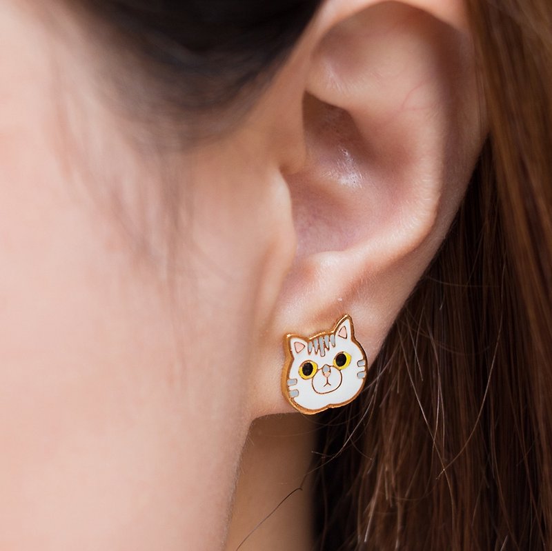 虎斑大王猫 耳针 耳夹 猫咪 猫奴的生日礼物 - 耳环/耳夹 - 珐琅 白色