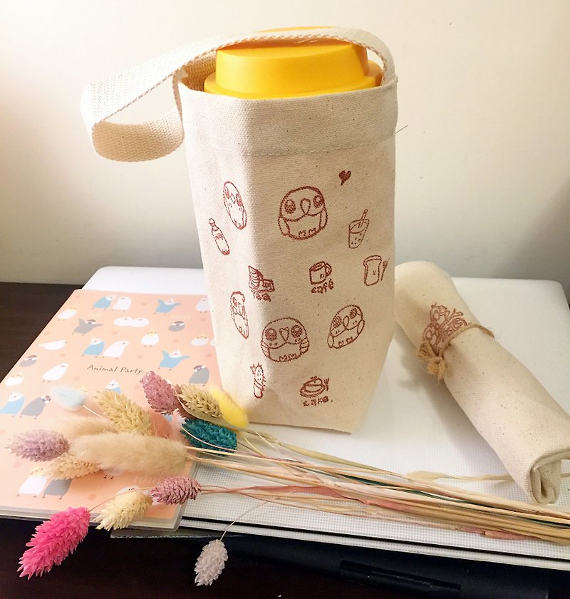 环保杯袋x日本帆布袋xBirdbird乐园手刻小图章图案 - 随行杯提袋/水壶袋 - 棉．麻 卡其色