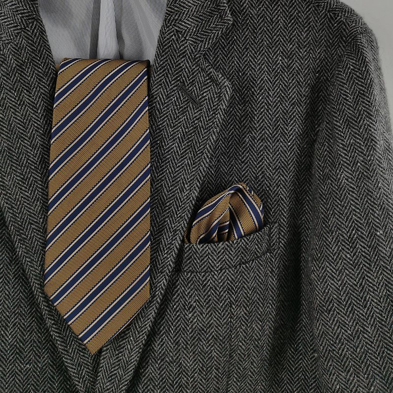 Necktie Gold Mine Tie Set with Pocket Square (Yellow with Blue stripe) - 领带/领带夹 - 聚酯纤维 黄色