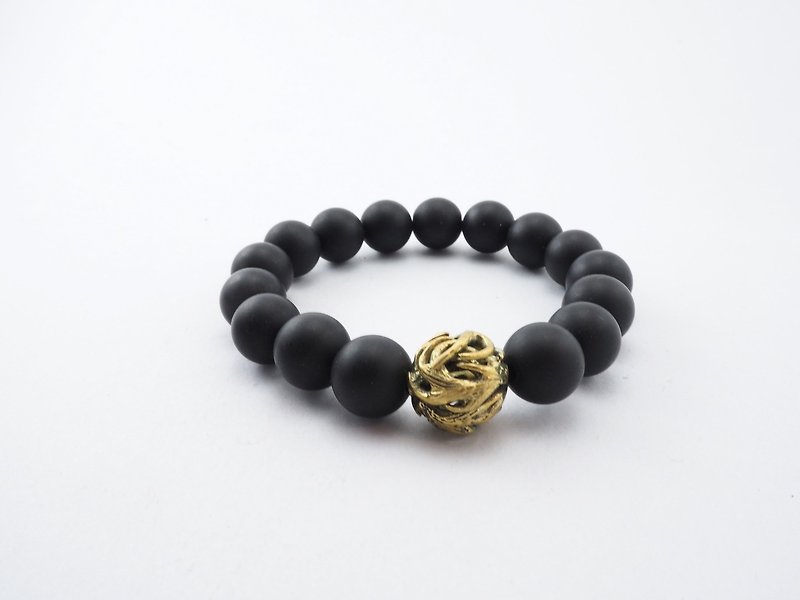Horn bead 12 mm.matte black agate stone bracelet in brass ,men jewelry  - 手链/手环 - 其他金属 银色