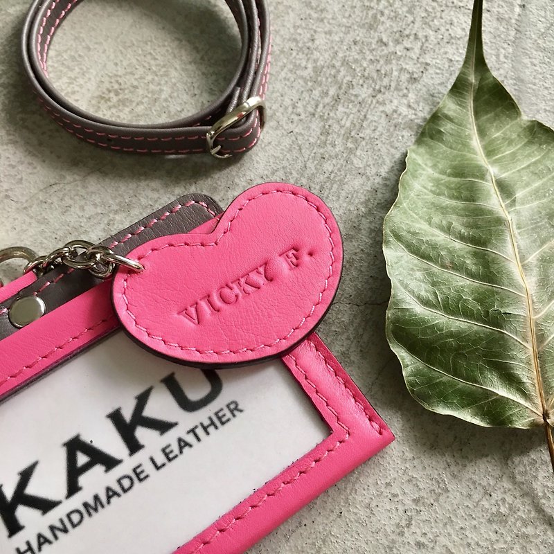 KAKU皮革设计夹 证件夹 悠游卡夹 爱心吊饰 粉红灰底 - 证件套/卡套 - 真皮 粉红色