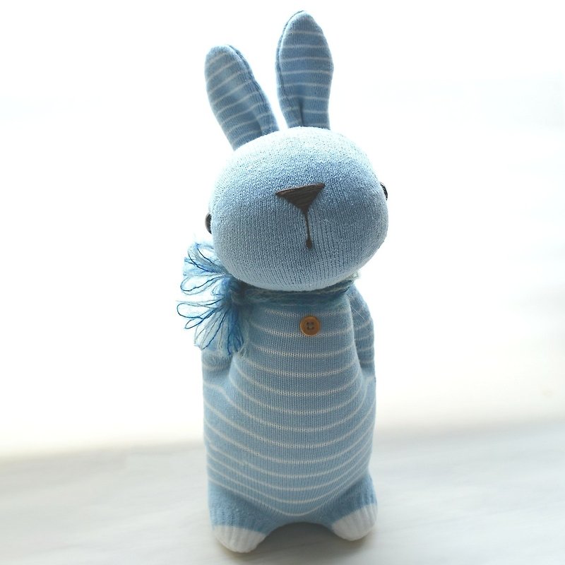 全手缝自然风袜子娃娃~灰蓝条纹多米兔 - 玩偶/公仔 - 棉．麻 蓝色