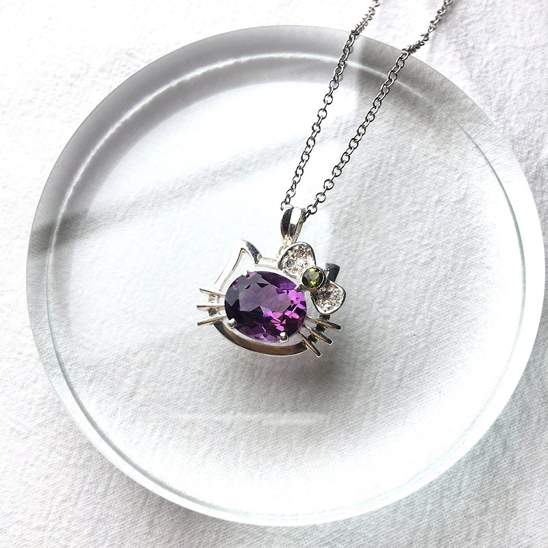 紫水晶925纯银小猫项链 尼泊尔手工银饰 - 项链 - 宝石 银色