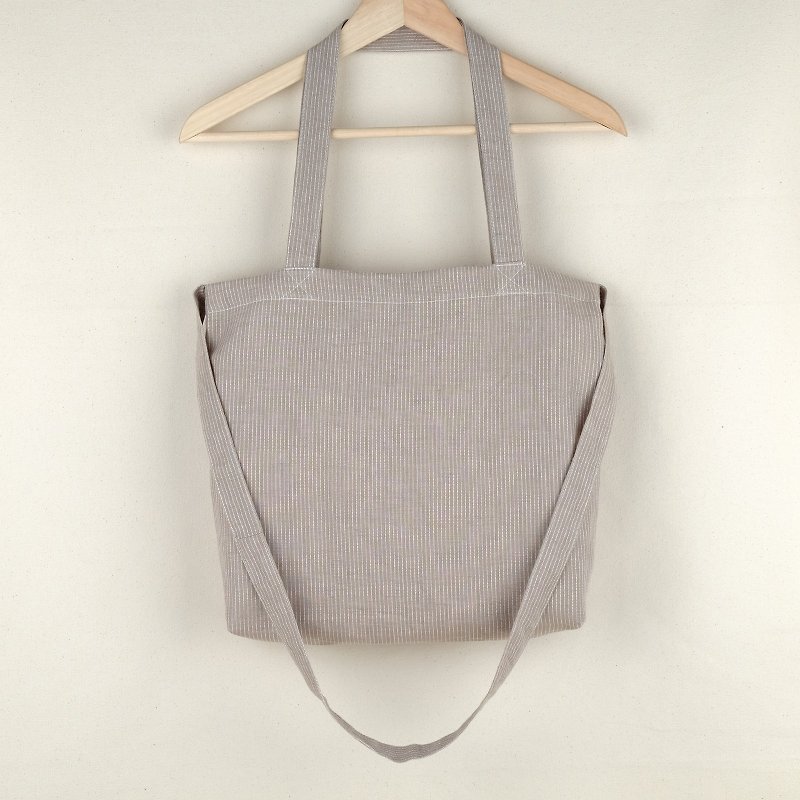 Brown Striped Linen Tote Bag - 侧背包/斜挎包 - 棉．麻 咖啡色