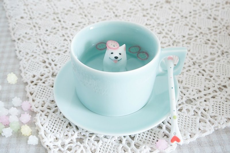三浅陶瓷|原创 萨摩犬 咖啡杯 纯手工手绘创意生日情人节礼物杯子 - 咖啡杯/马克杯 - 瓷 