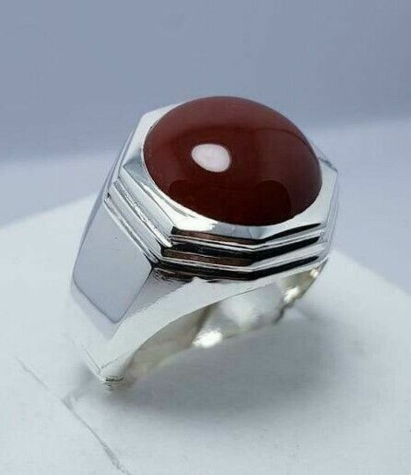 棕红色圆形 Aqeeq 戒指纯银首饰男士手工戒指 - 戒指 - 宝石 红色