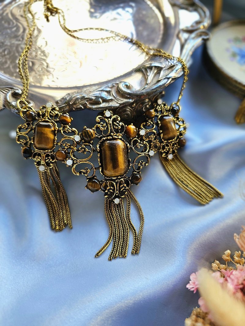 巴洛克雕花虎眼石流苏颈链/项链/复古珠宝vintage西洋古董饰品 - 颈链 - 其他材质 