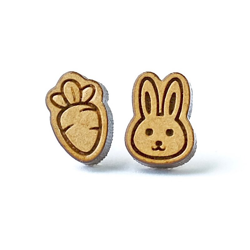 素色木耳环-小兔子与它的红萝卜 - 耳环/耳夹 - 木头 咖啡色