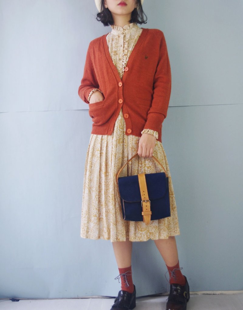 寻宝古着-砖红素面薄针织外套 - 女装针织衫/毛衣 - 聚酯纤维 橘色