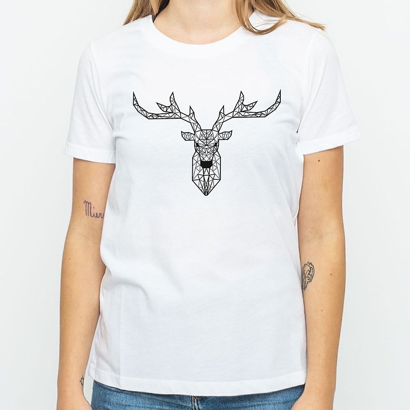 Deer Geometric 男女短袖T恤 白色 几何 鹿 宇宙 设计 自创 品牌 银河系 时髦 圆 三角形 - 女装 T 恤 - 棉．麻 白色