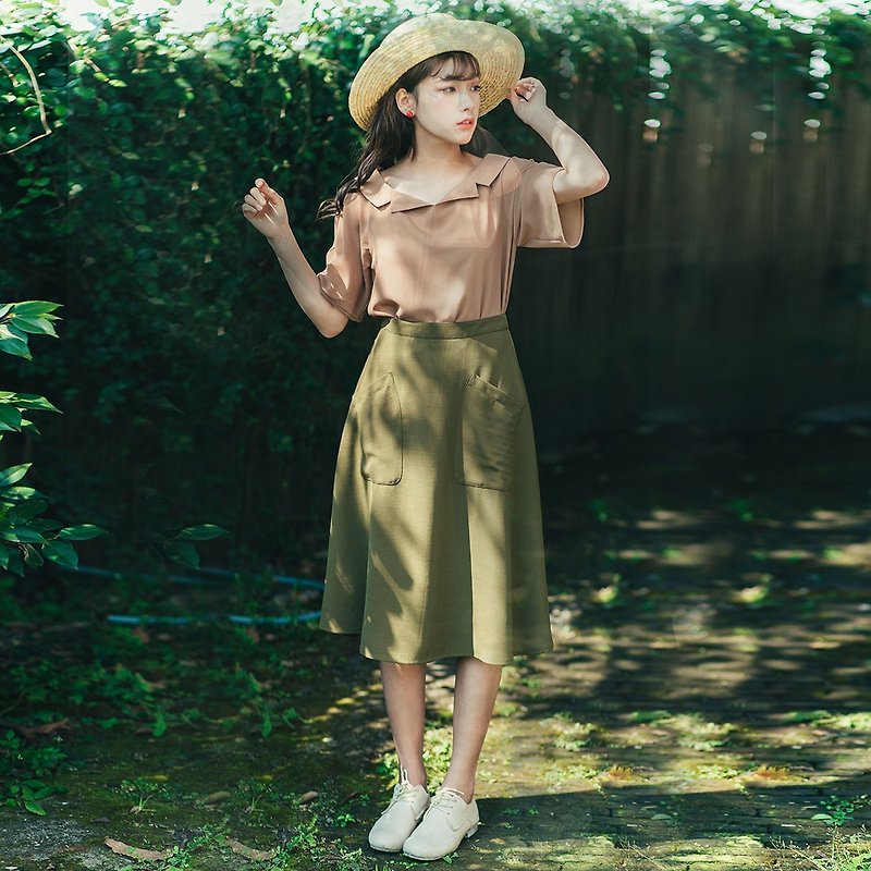 安妮陈2017夏季新款绿色A字型半身裙洋装 - 裙子 - 棉．麻 绿色