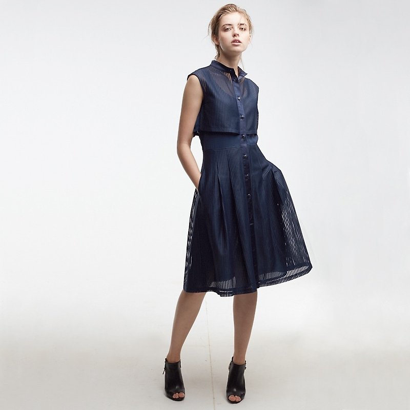 压光条纹蕾丝洋装 - 洋装/连衣裙 - 聚酯纤维 蓝色