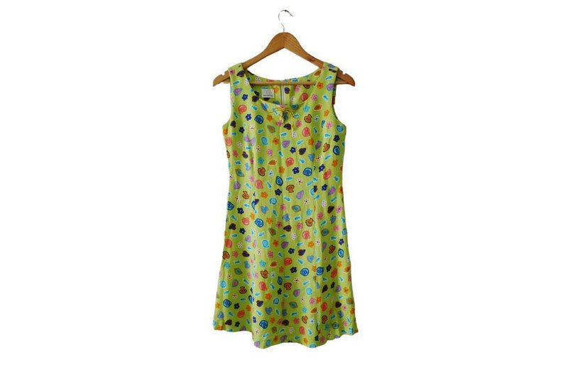 80s Lime Green AQUARIUM sleeveless mini dress, fish and sea shell printed, Small - 洋装/连衣裙 - 聚酯纤维 绿色