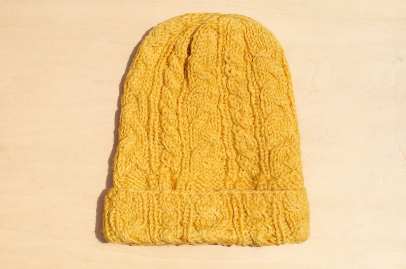 手工编织纯羊毛帽 编织帽 针织毛帽 内刷毛手织毛帽 毛线帽-阳光 - 帽子 - 羊毛 黄色
