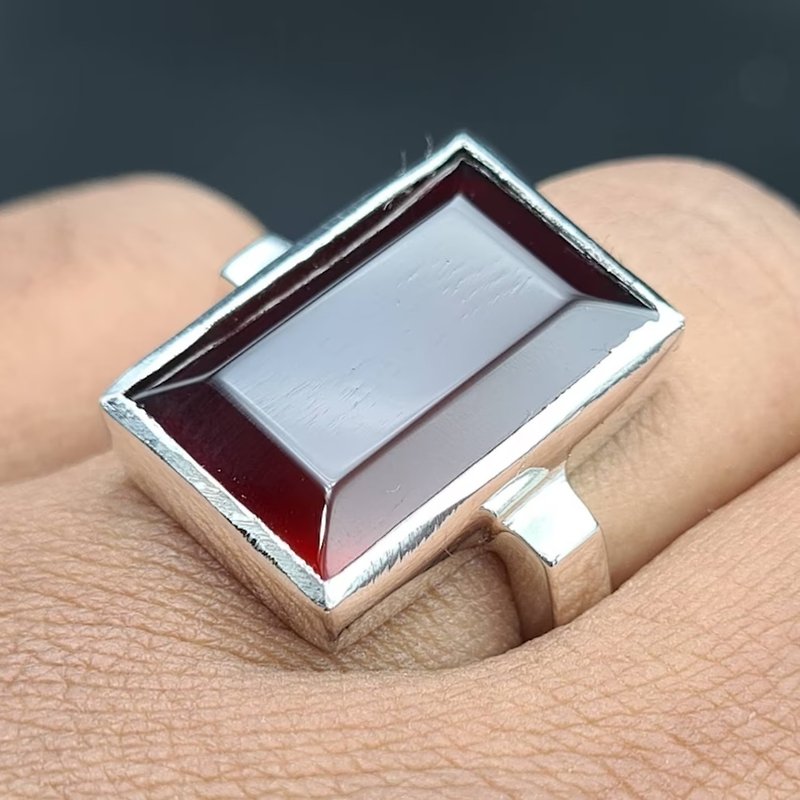 天然也门 Aqeeq 戒指男女高品质玛瑙石银戒指 - 戒指 - 宝石 红色