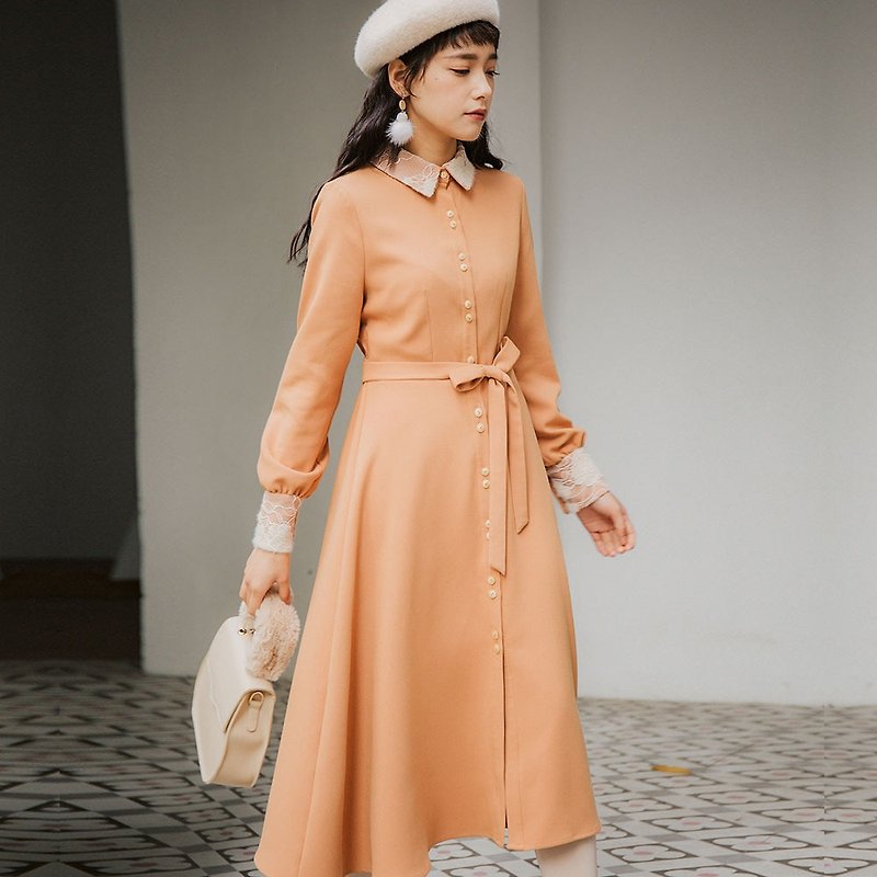 2018女装冬季穿搭撞色领双扣长款连身裙洋装 - 洋装/连衣裙 - 聚酯纤维 橘色