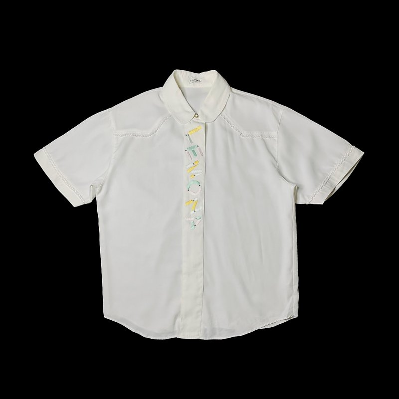 圆领彩色几何刺绣短袖衬衫上衣 - 女装衬衫 - 聚酯纤维 白色