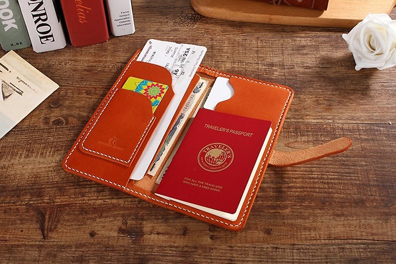 【切线派】日式纯手工便携式牛皮护照长款钱包008款Leather Passport Case 棕色 - 皮夹/钱包 - 真皮 咖啡色