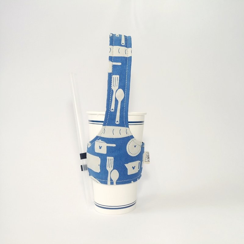 【快乐厨房】饮料杯套 环保杯套 - 随行杯提袋/水壶袋 - 棉．麻 蓝色