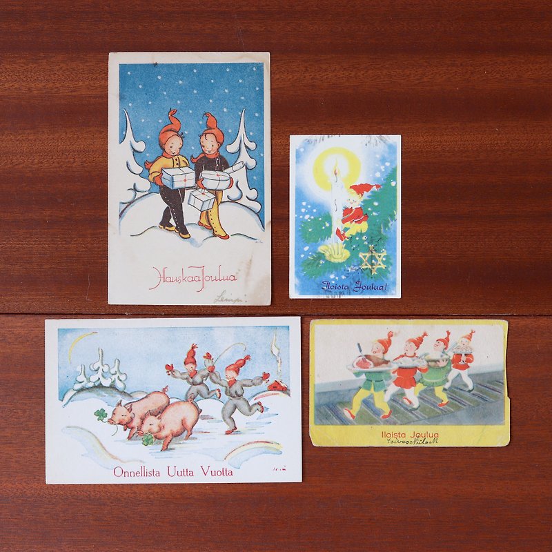 北欧圣诞小精灵老明信片四张一套 - 卡片/明信片 - 纸 