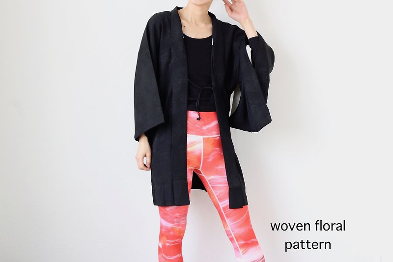floral Haori, kimono cardigan /4145 - 女装休闲/机能外套 - 丝．绢 黑色