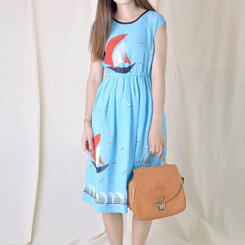 Vintage 日本古着洋装 - 洋装/连衣裙 - 聚酯纤维 蓝色