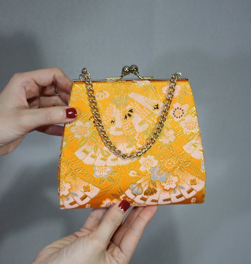 (Vintage)日本菊色缎面扇子樱花搭配和服手拿包(生日情人节礼物) - 手拿包 - 其他人造纤维 橘色
