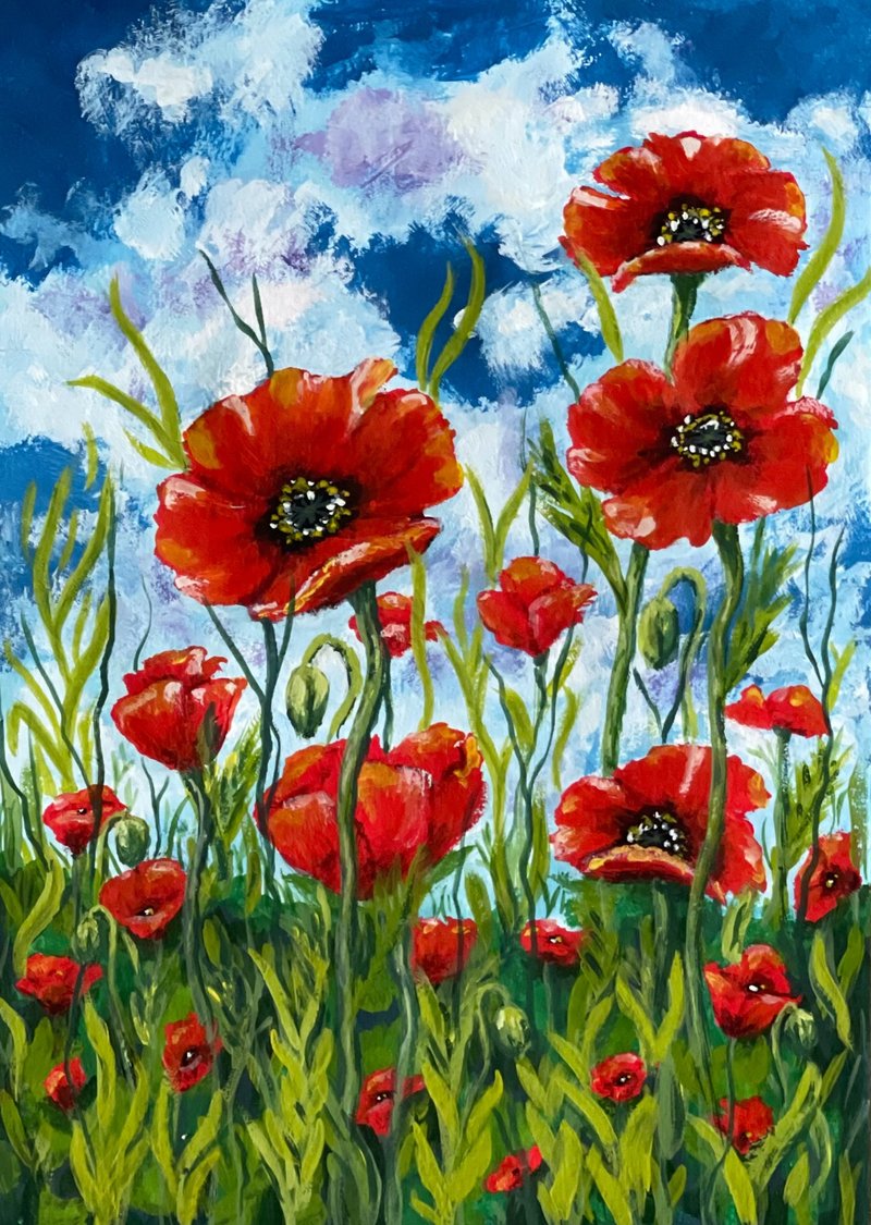 Scarlet poppies on the field under clouds. Painting Gouache - 墙贴/壁贴 - 纸 