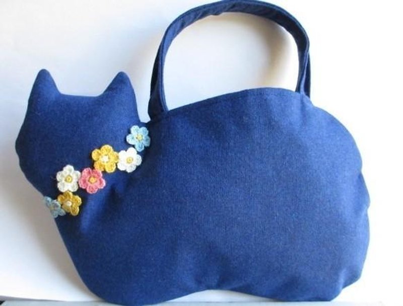 ウールのブルーネコバッグ A お花モチーフ付き - 手提包/手提袋 - 棉．麻 蓝色