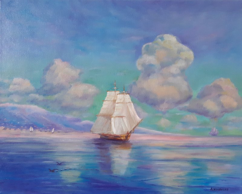 Oil painting, canvas, Ship at sea, near the coast, reproduction Aivazovsky - 其他 - 其他材质 蓝色