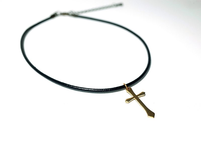 黄铜十字架 真皮颈链 - 项链 - 真皮 黑色