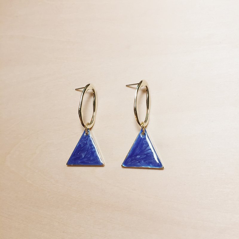 复古宝蓝滴釉镂空椭圆三角耳环 - 耳环/耳夹 - 颜料 蓝色