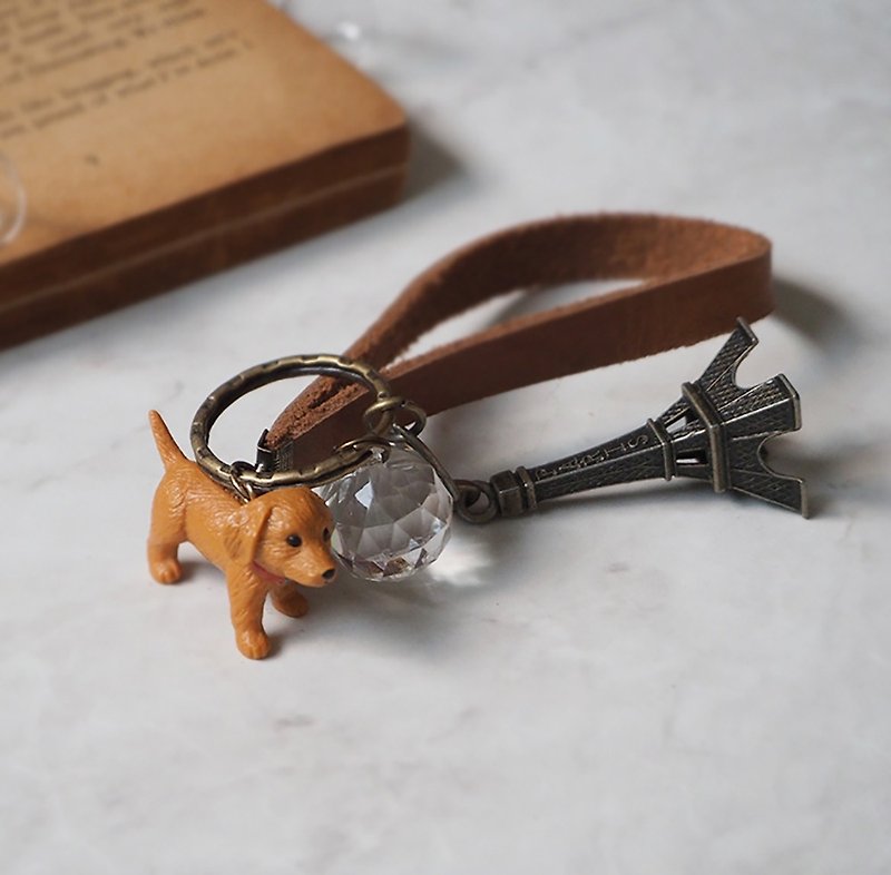 小动物乐园 腊肠狗 巴黎铁塔 真皮皮革 钥匙圈 P16 - 钥匙链/钥匙包 - 真皮 咖啡色